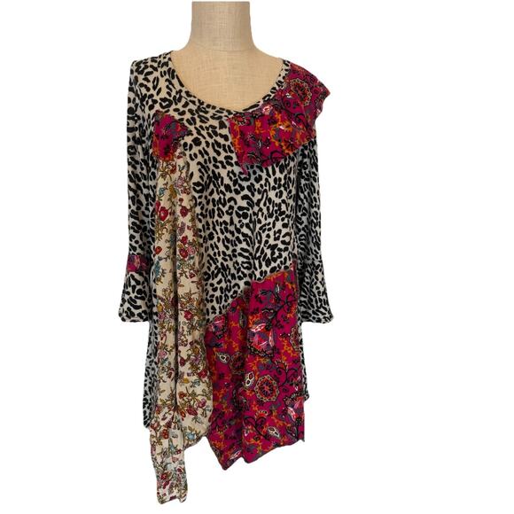 Emma Rose Women’s Patchwork Tunic Top Size M Leopard Floral Mixed Print Boho - Picture 2 of 11